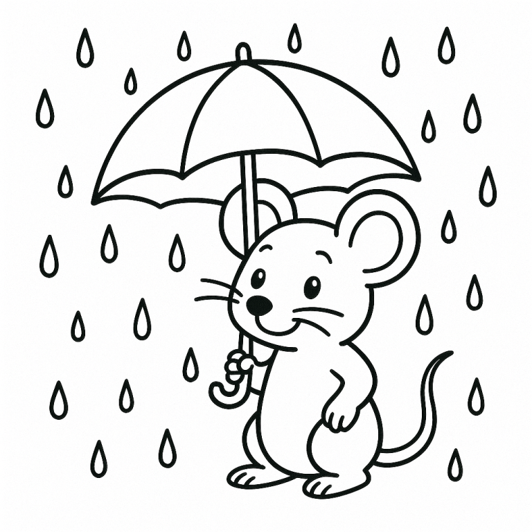 Mouse holding umbrella in the rain coloring page
