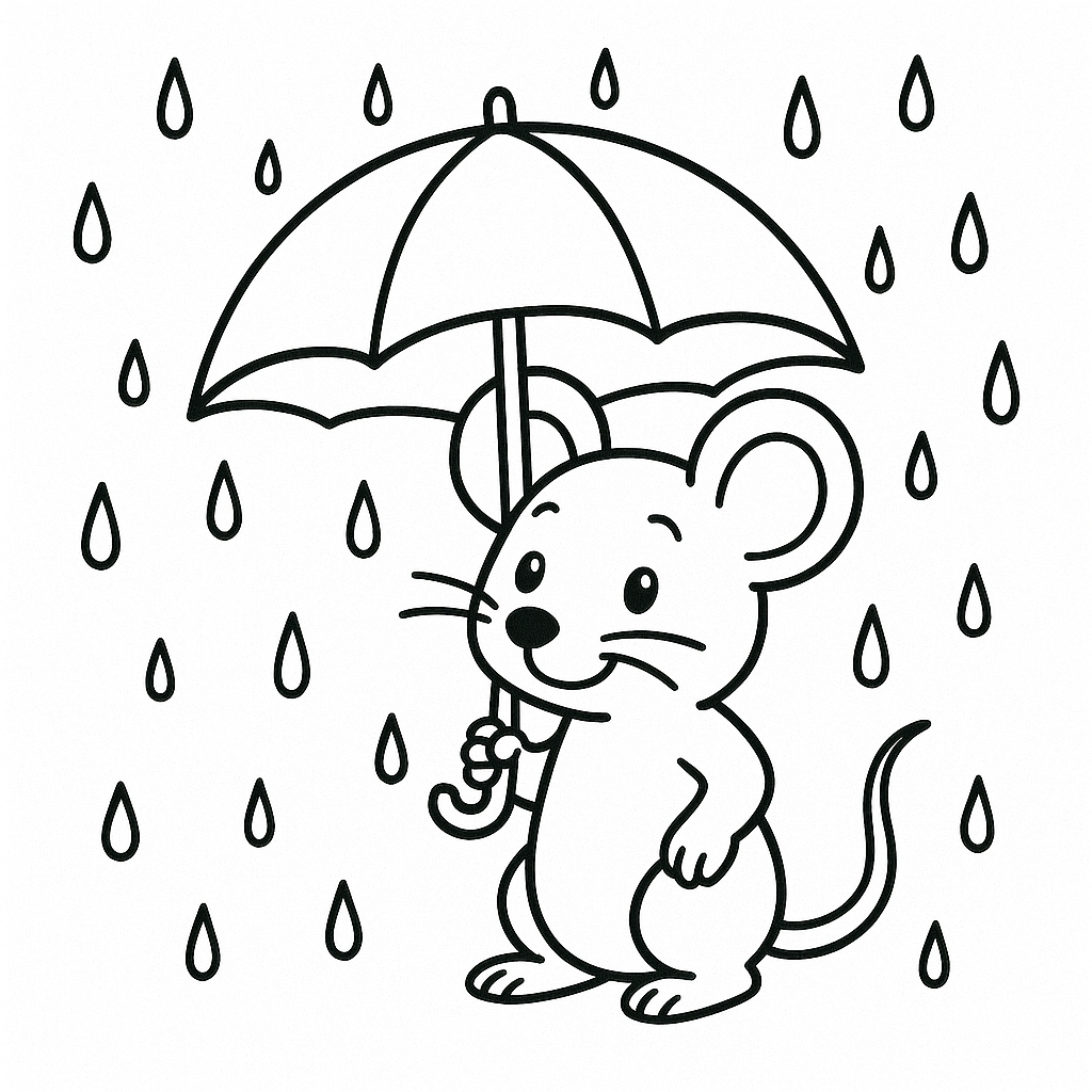 Mouse holding umbrella in the rain coloring page