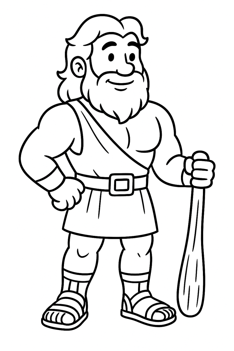 Muscular warrior holding a wooden club on a coloring page