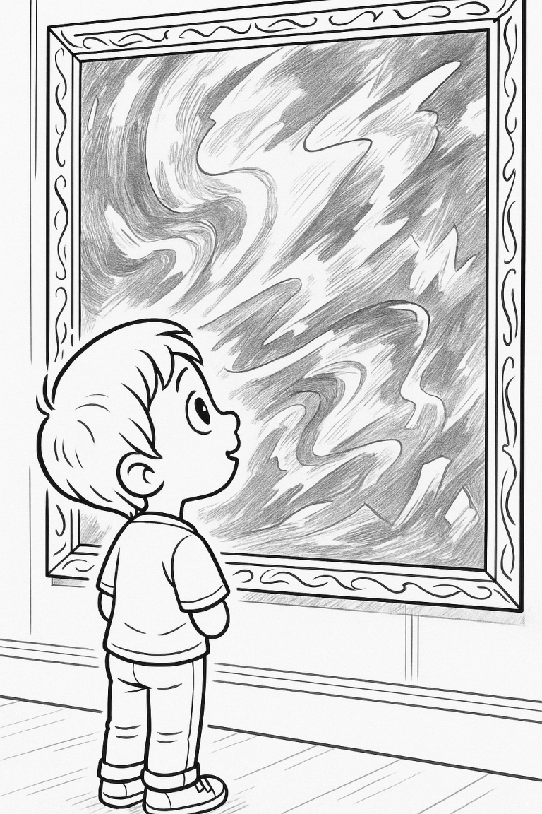 Child looking at abstract painting in museum coloring page