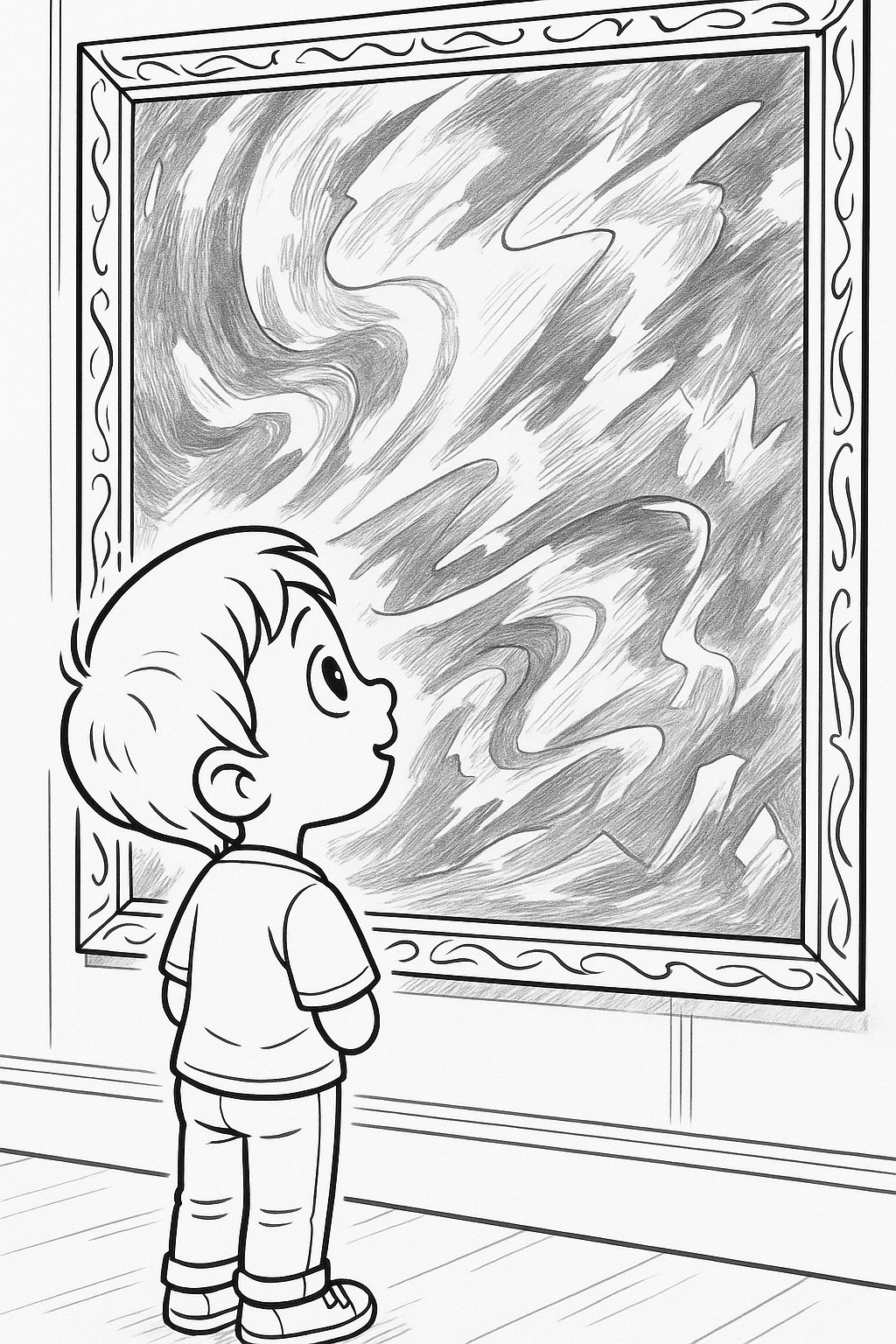 Child looking at abstract painting in museum coloring page