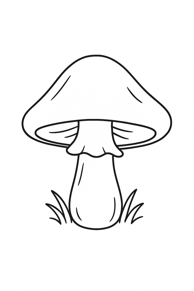 Line drawing of a single large mushroom with grass