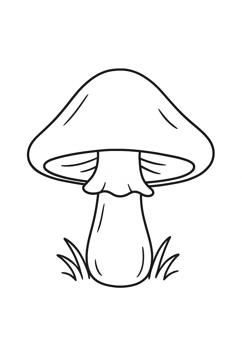 Line drawing of a single large mushroom with grass