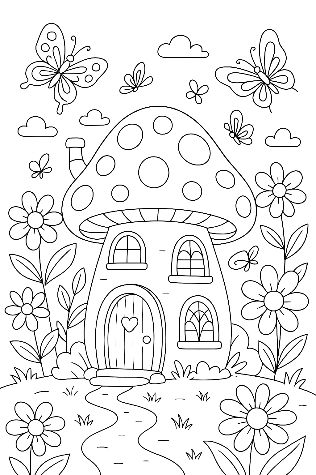 Coloring page with a mushroom house and butterflies