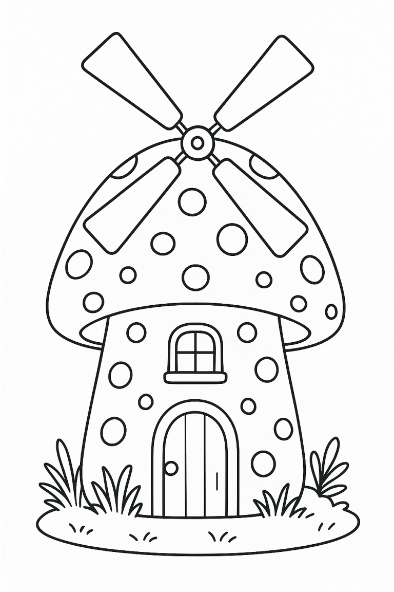 Coloring page of a whimsical mushroom house.