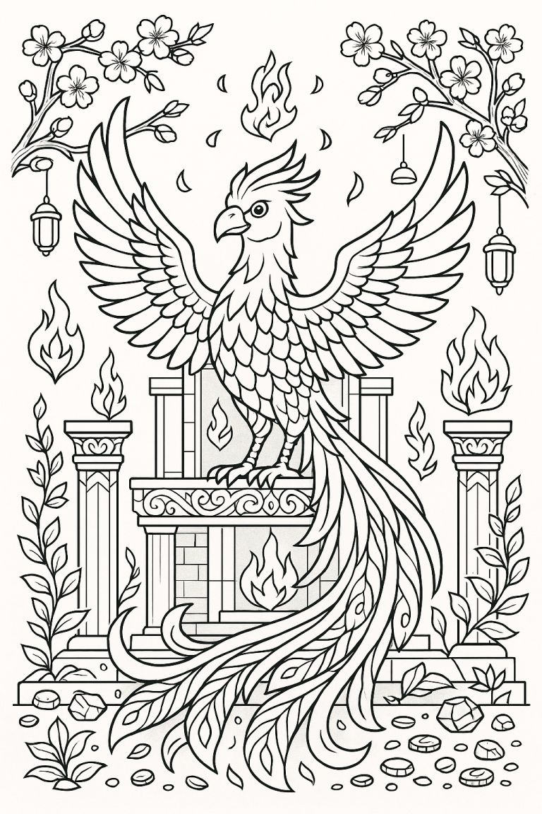 coloring page featuring a mythical phoenix