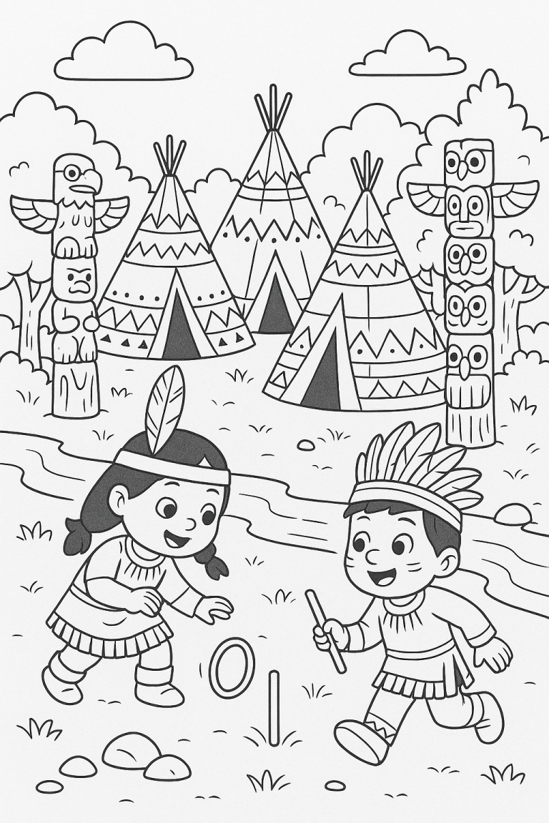 Children playing near teepees and totem poles in a Native American scene.