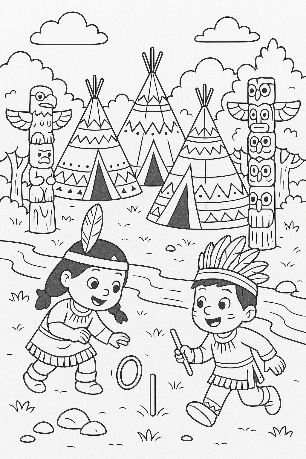 Children playing near teepees and totem poles in a Native American scene.