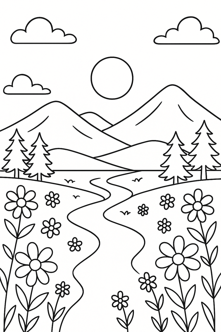 Coloring page with mountains, trees, and flowers