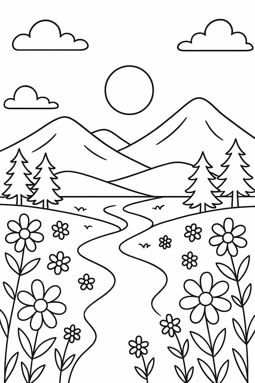 Coloring page with mountains, trees, and flowers