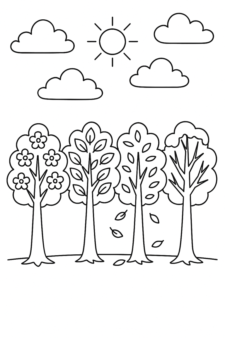 Children's coloring page with trees and sun