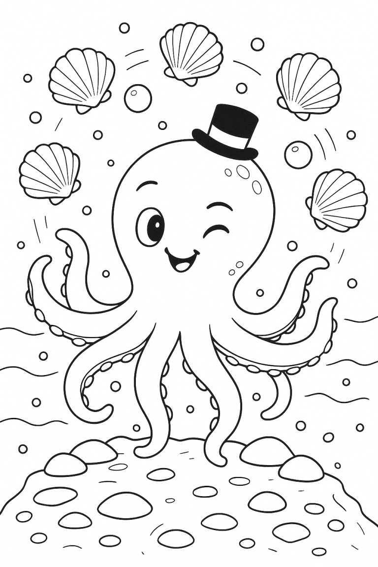 Octopus coloring page with a hat and shells