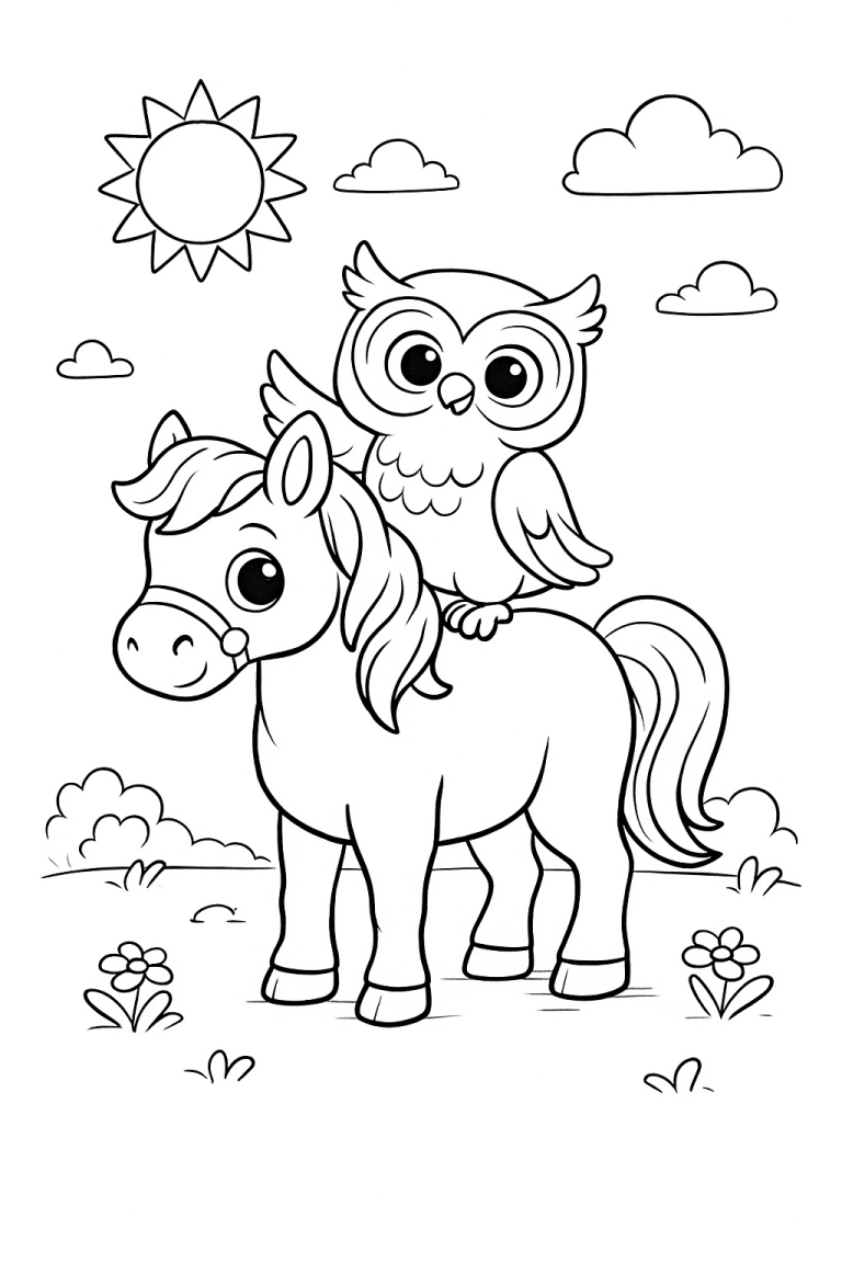 Owl sitting on a horse in a field for coloring