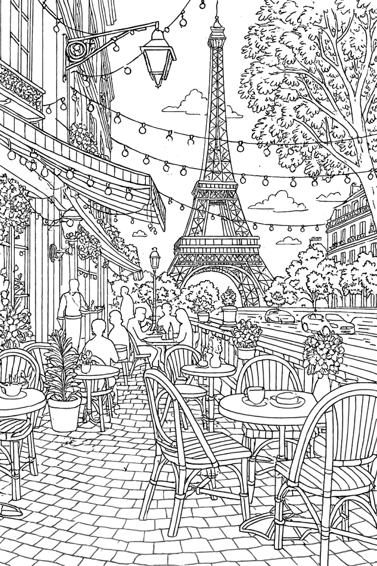Paris cafe scene with Eiffel Tower coloring page