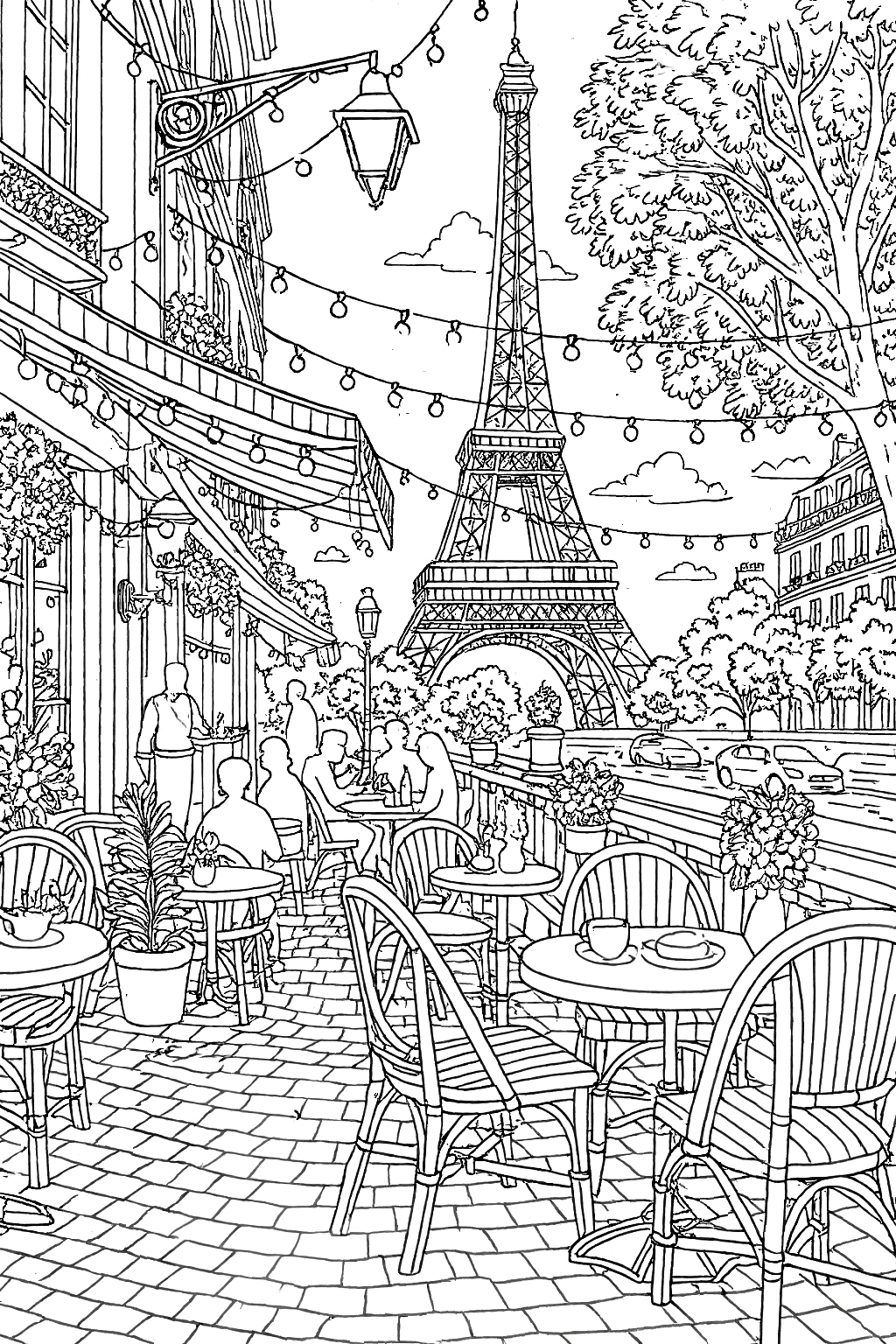 Paris cafe scene with Eiffel Tower coloring page