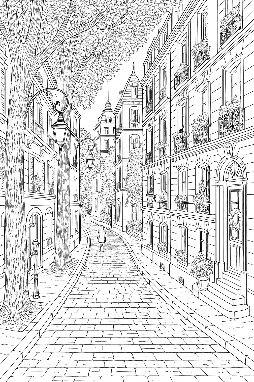 Coloring page of a Parisian street with buildings and trees
