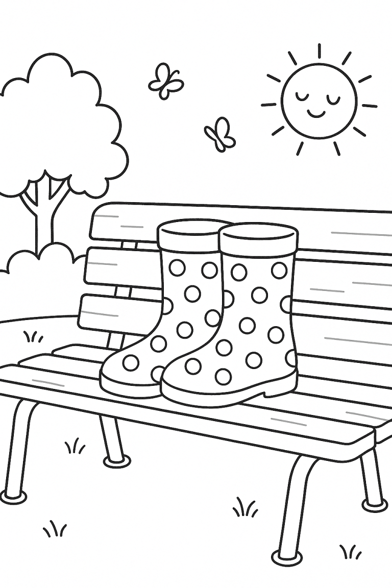 Children's coloring page of rainboots on a park bench with sun and butterflies
