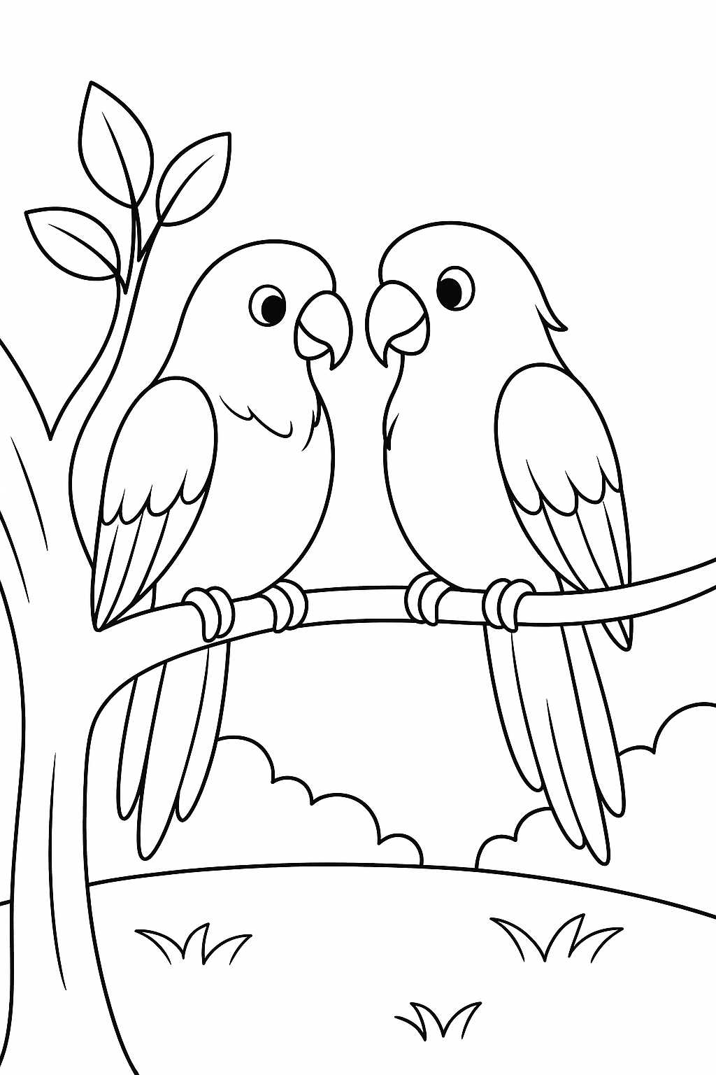 Two parrots on a tree branch coloring page