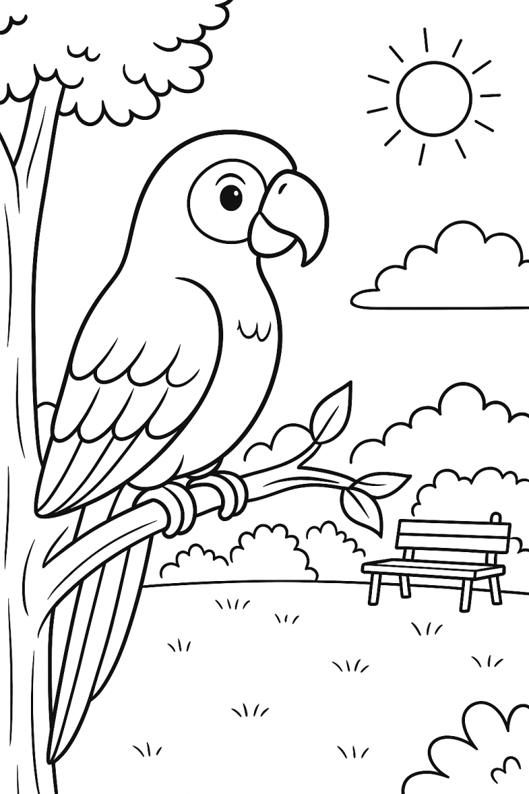 Cartoon parrot sitting on tree branch in park