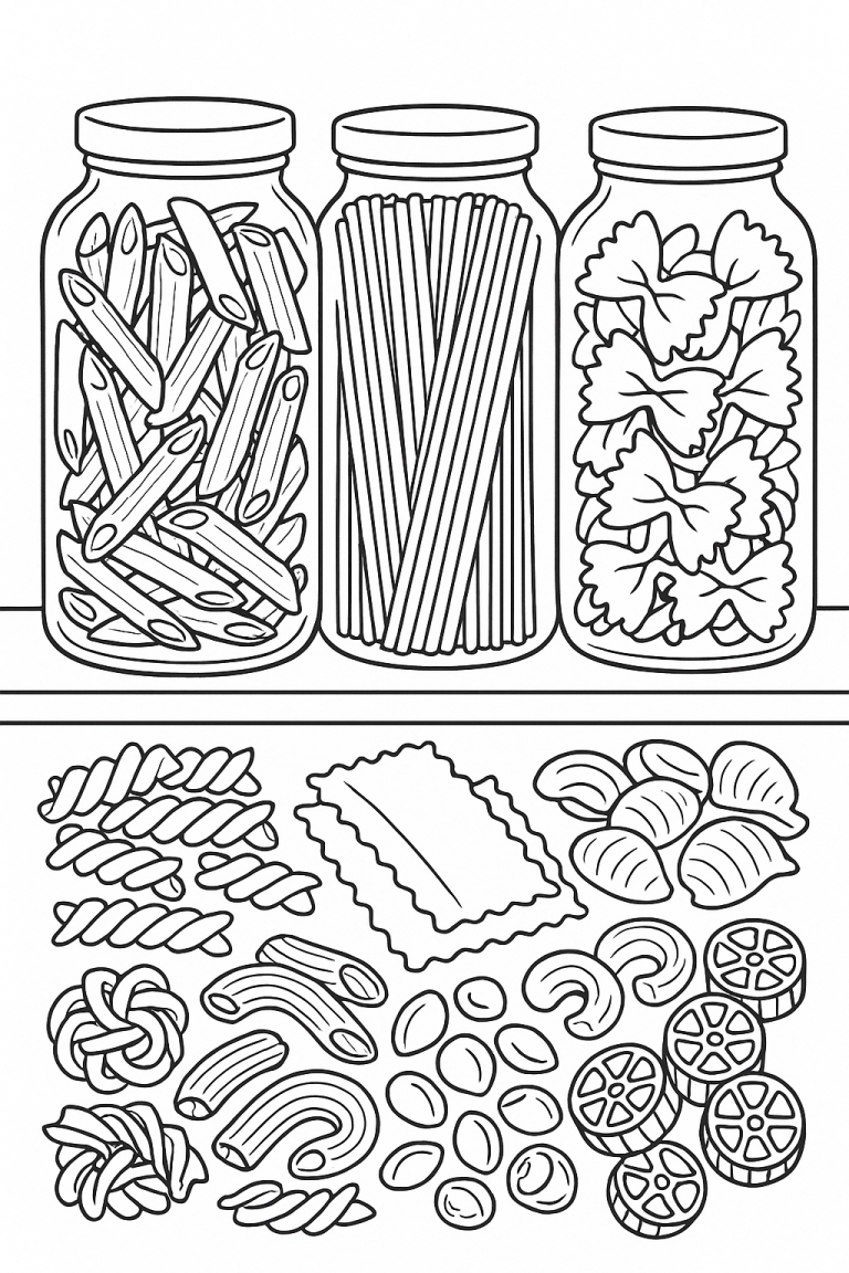 Coloring page with jars of pasta and pasta shapes