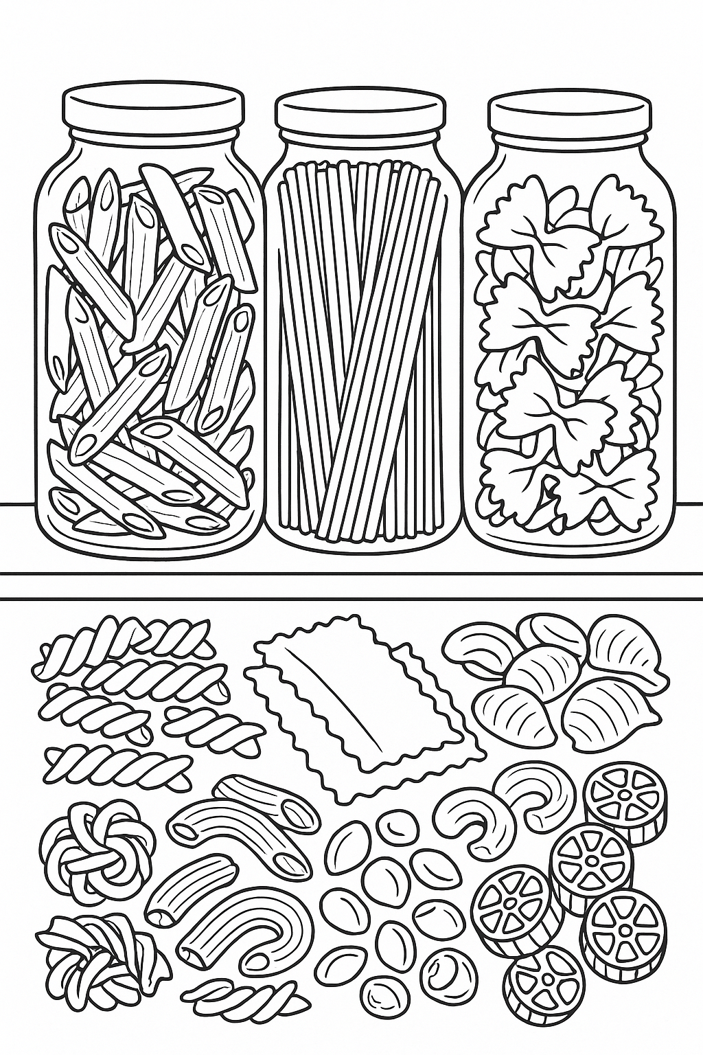 Coloring page with jars of pasta and pasta shapes