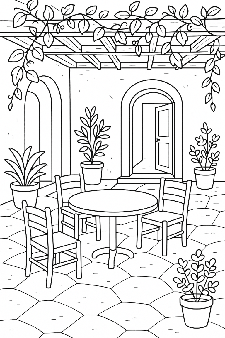 Coloring page of a patio garden with chairs and plants