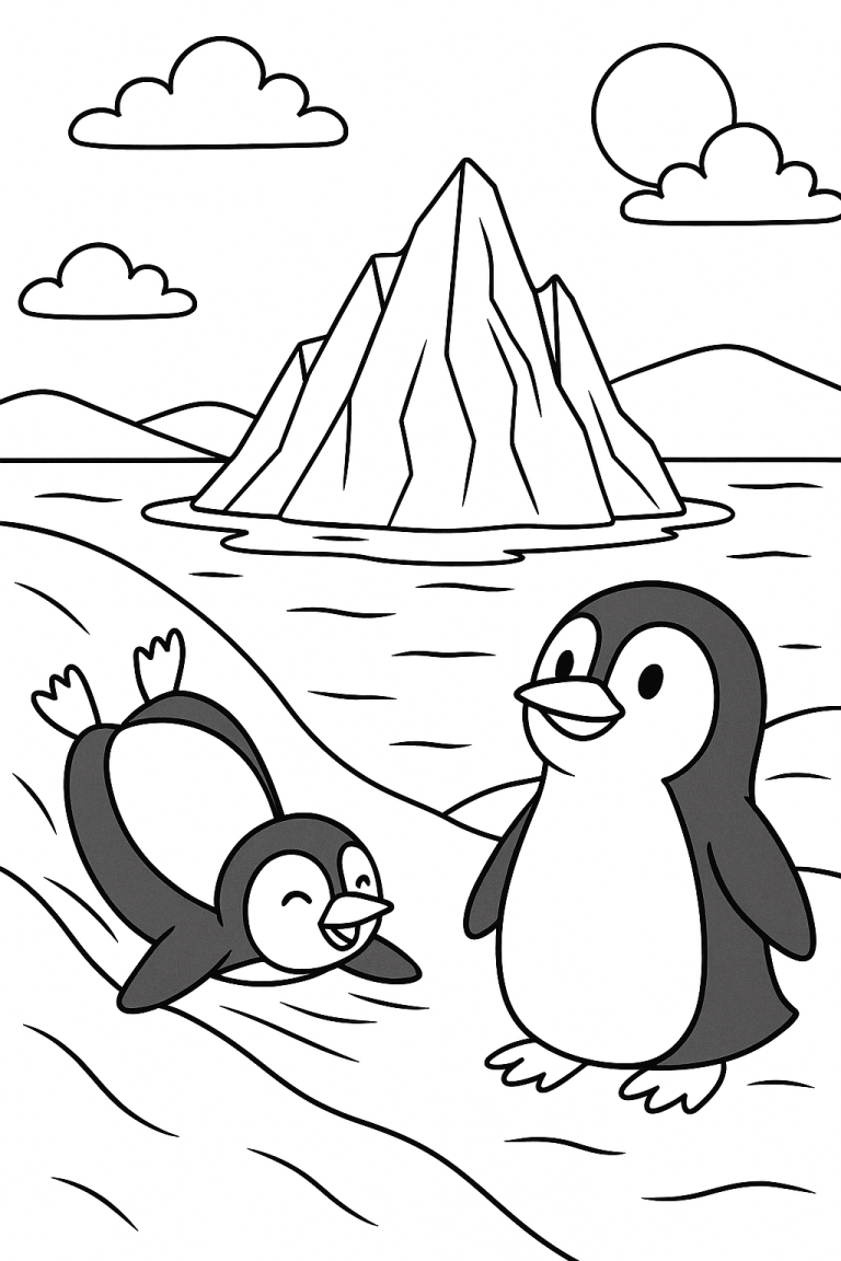 Two playful penguins on ice near a large iceberg