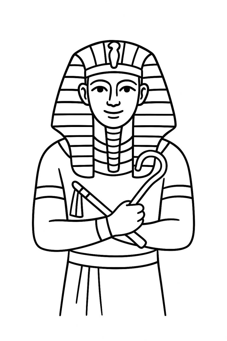 Children's coloring page featuring an ancient Egyptian pharaoh.