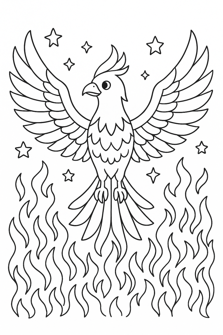 Phoenix coloring page with flames and stars