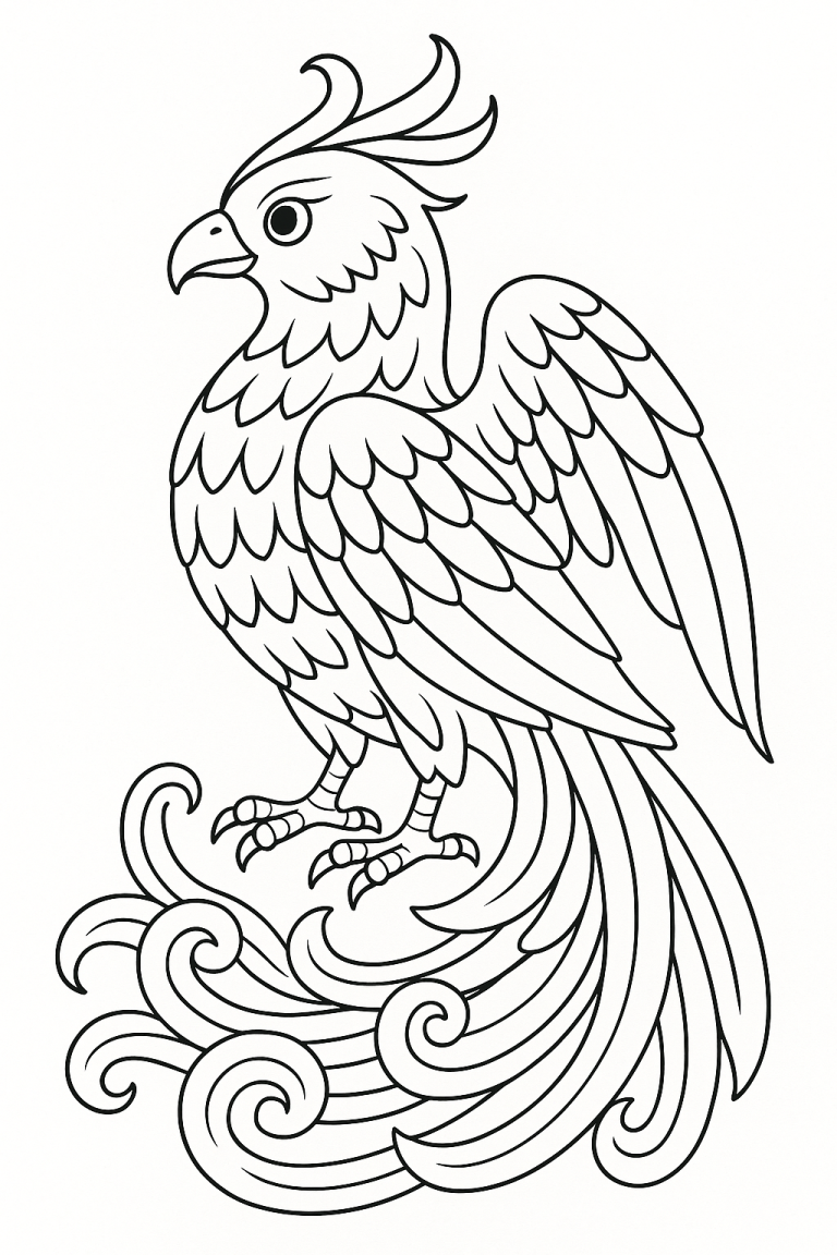 Phoenix coloring page with intricate details