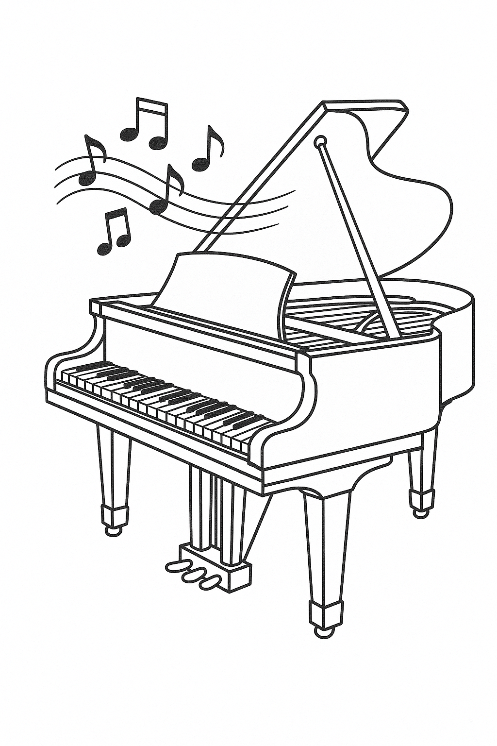 Outline of a grand piano with musical notes
