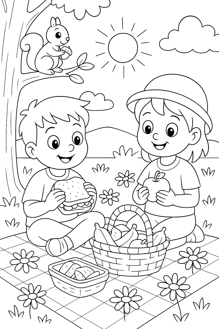 Children having a picnic with a squirrel nearby