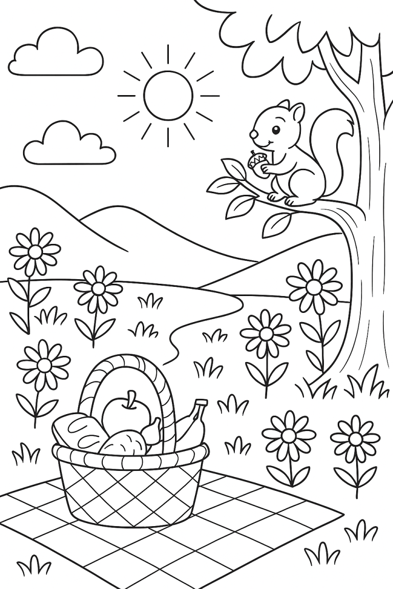 Picnic scene with squirrel and basket