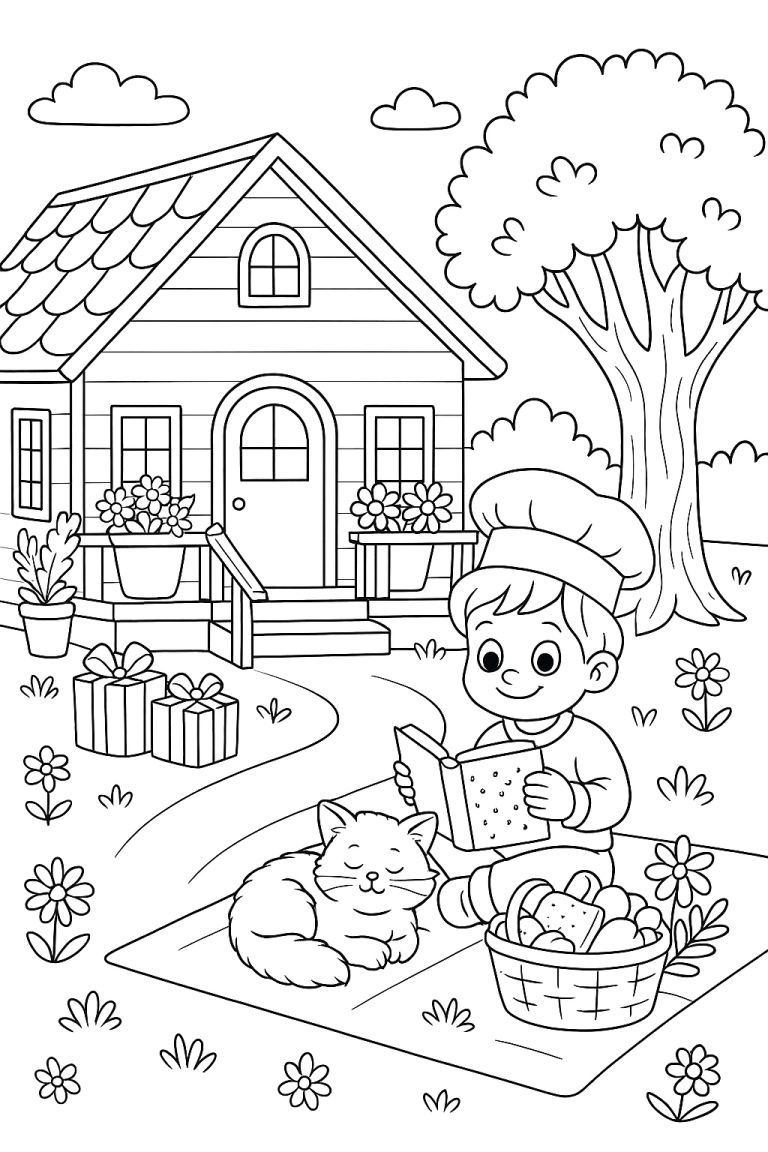 Coloring page of a child reading with a cat by a house.