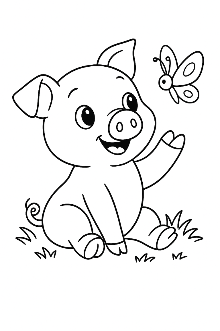 Cute pig playing with a butterfly in a coloring page