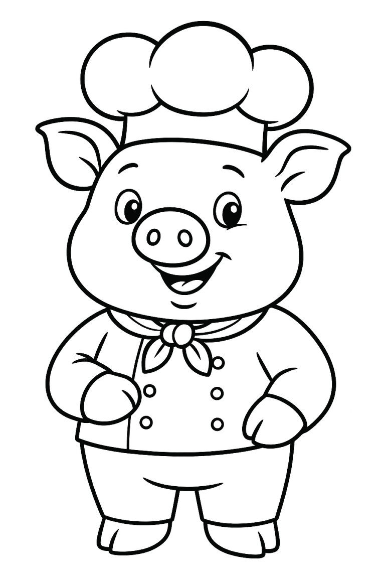 Pig chef coloring page featuring a happy pig in a chef outfit.