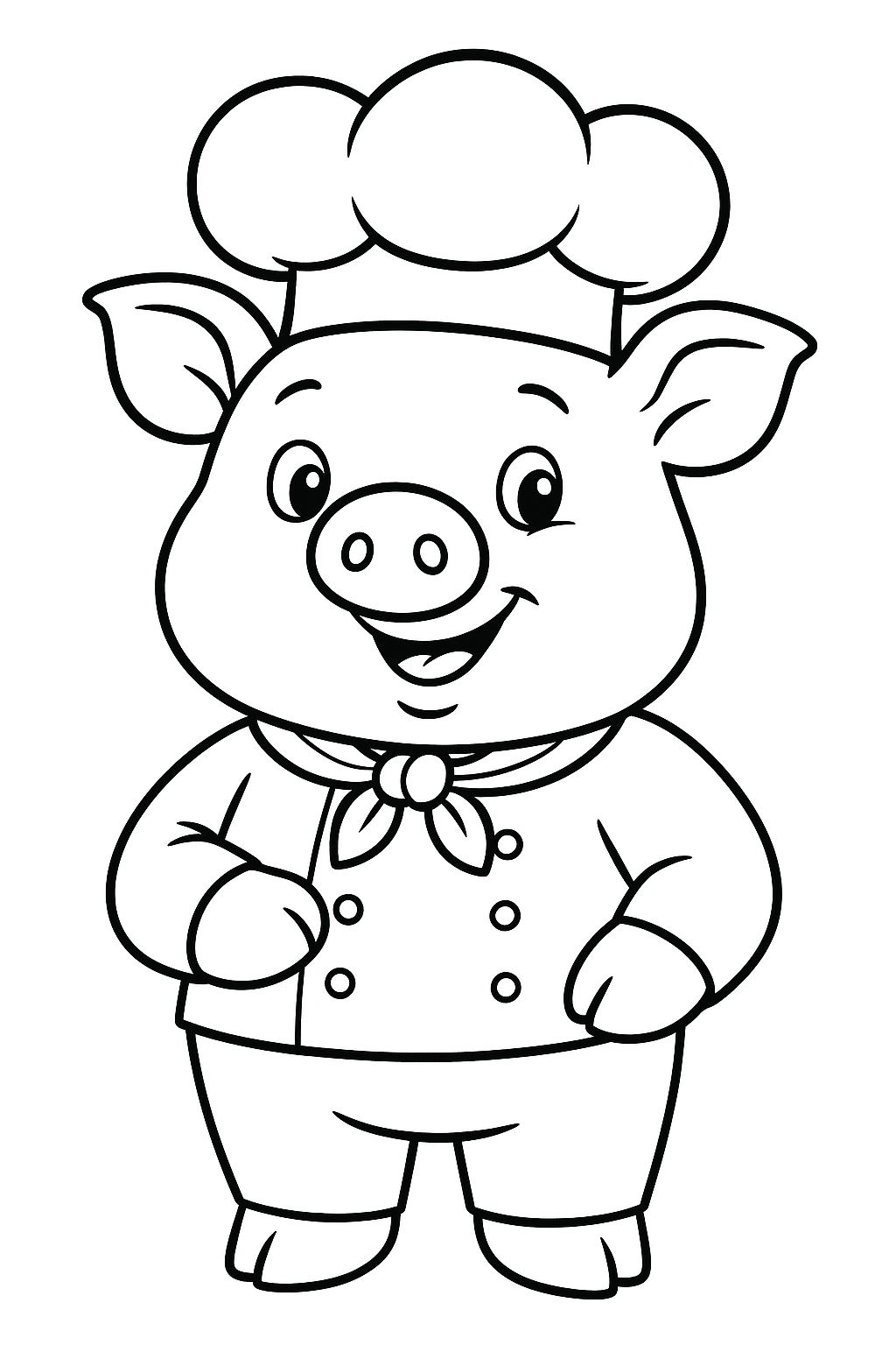 Pig chef coloring page featuring a happy pig in a chef outfit.