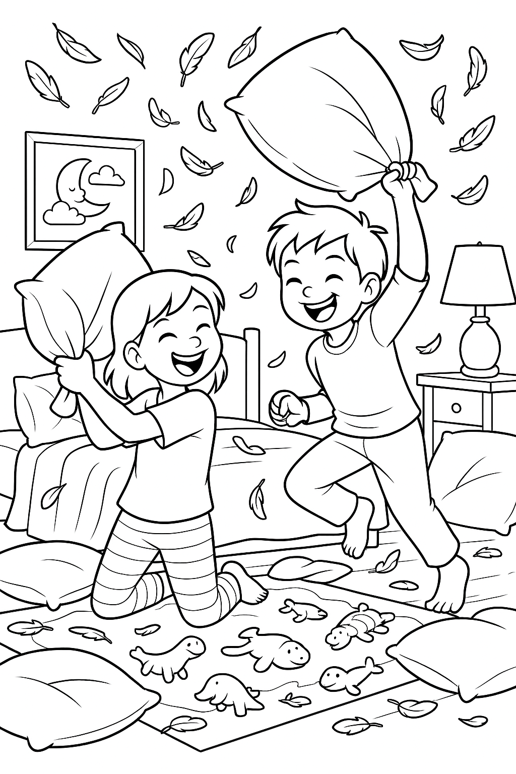 Two kids having a pillow fight in a bedroom