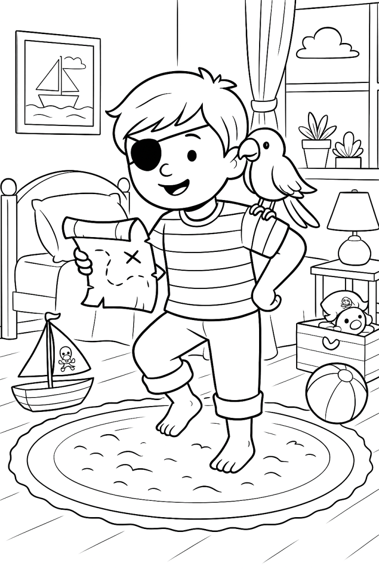 Child dressed as pirate with parrot in room