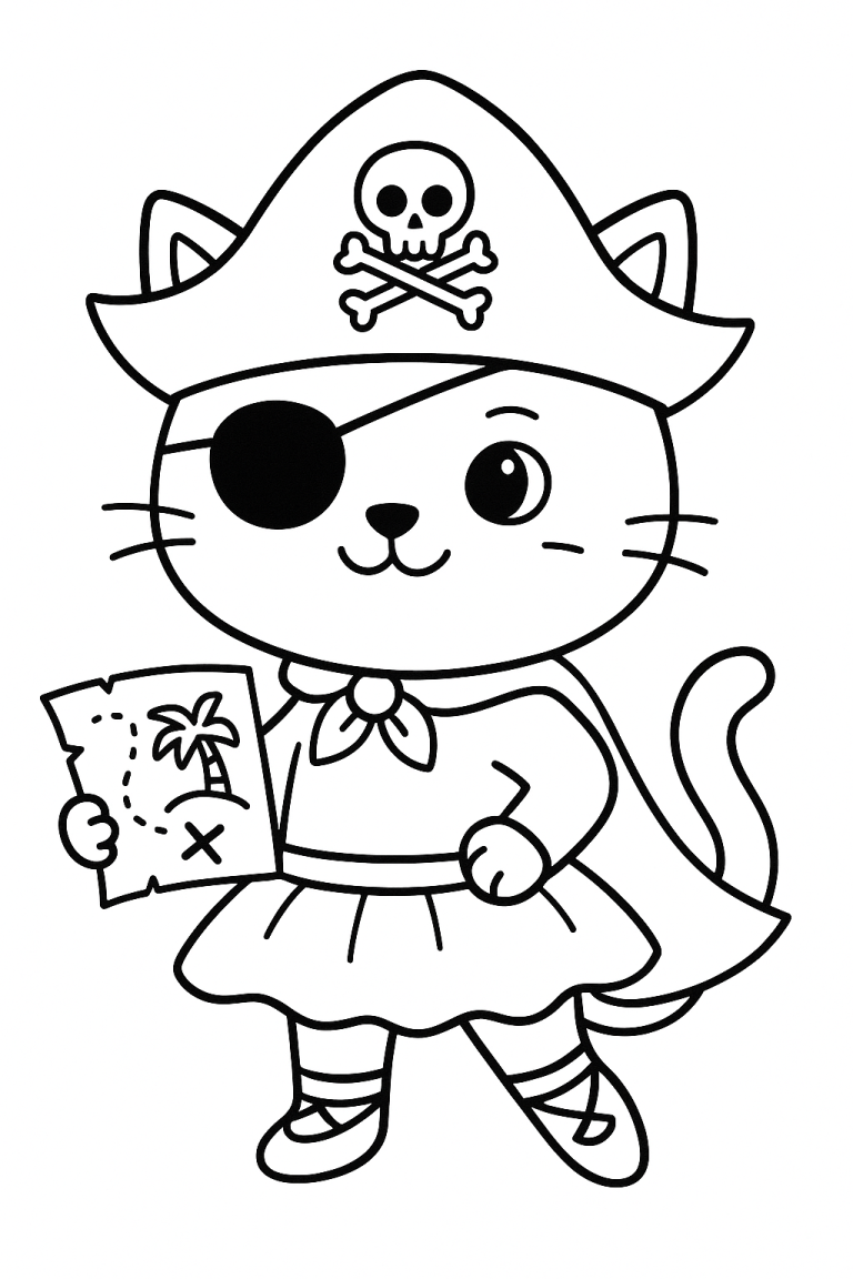 Coloring page showing a cartoon pirate cat