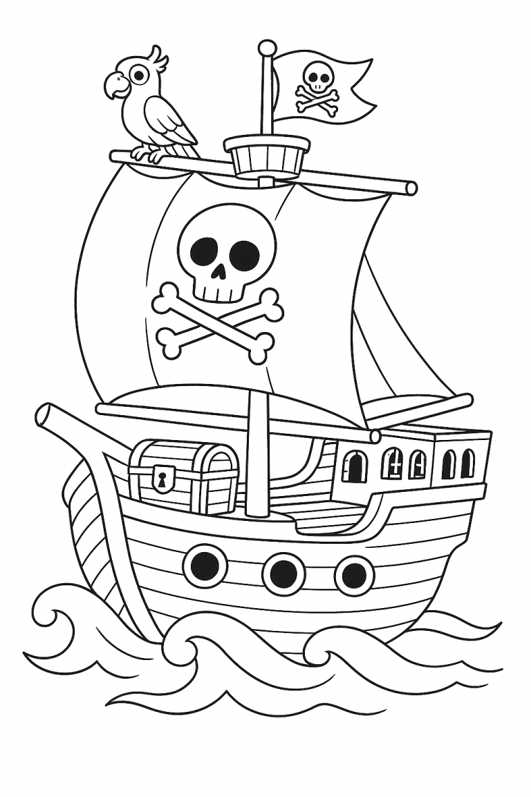 Pirate ship with parrot and treasure coloring page
