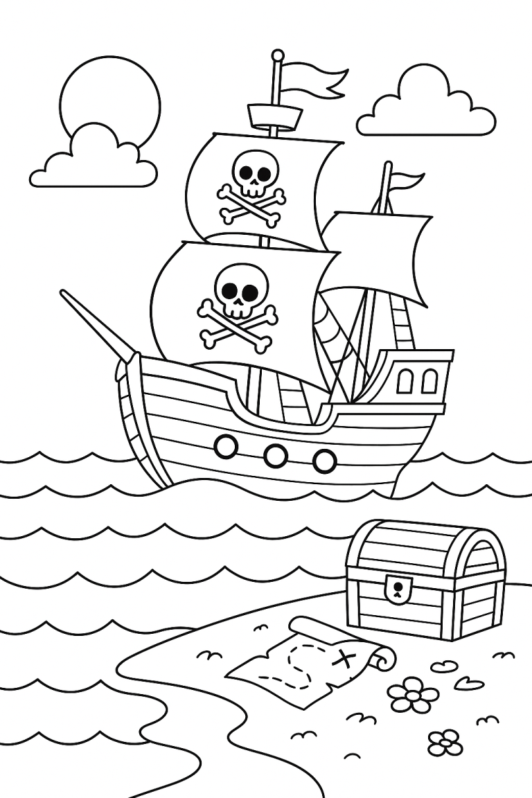Pirate ship with treasure map and chest coloring page