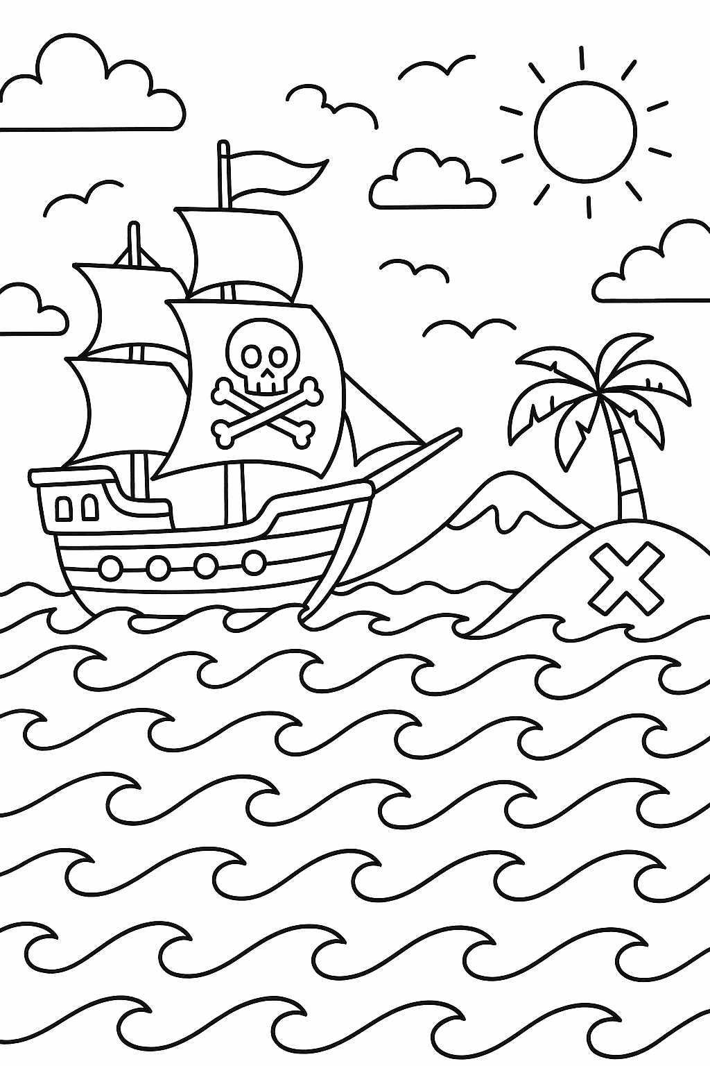 Pirate ship sailing near a treasure island