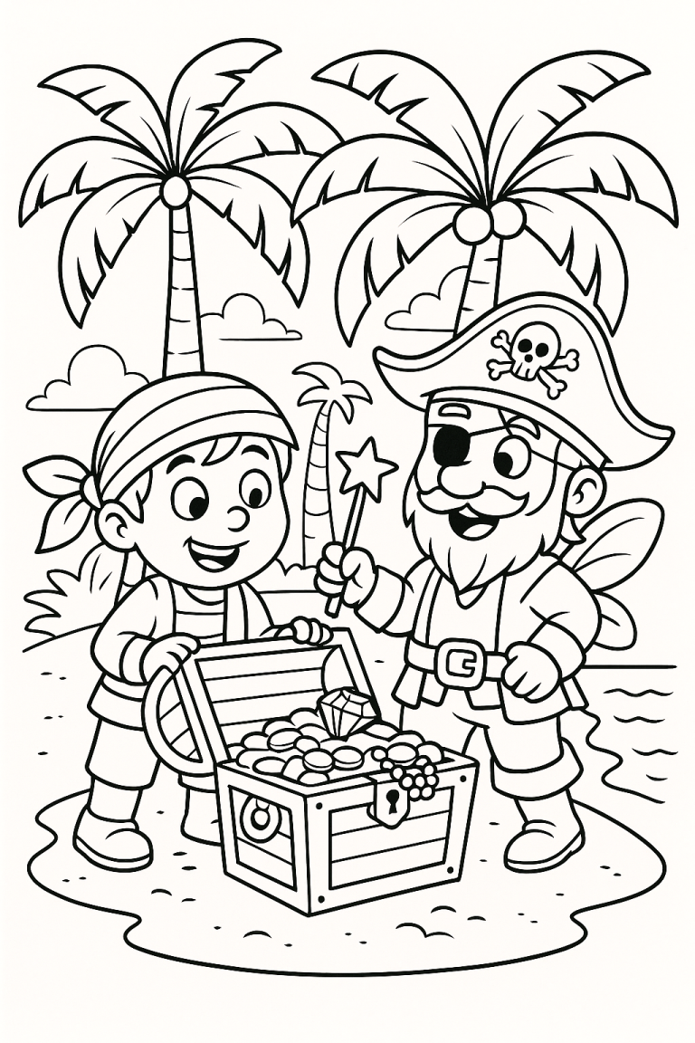 Two cartoon pirates finding treasure on a sandy isle.
