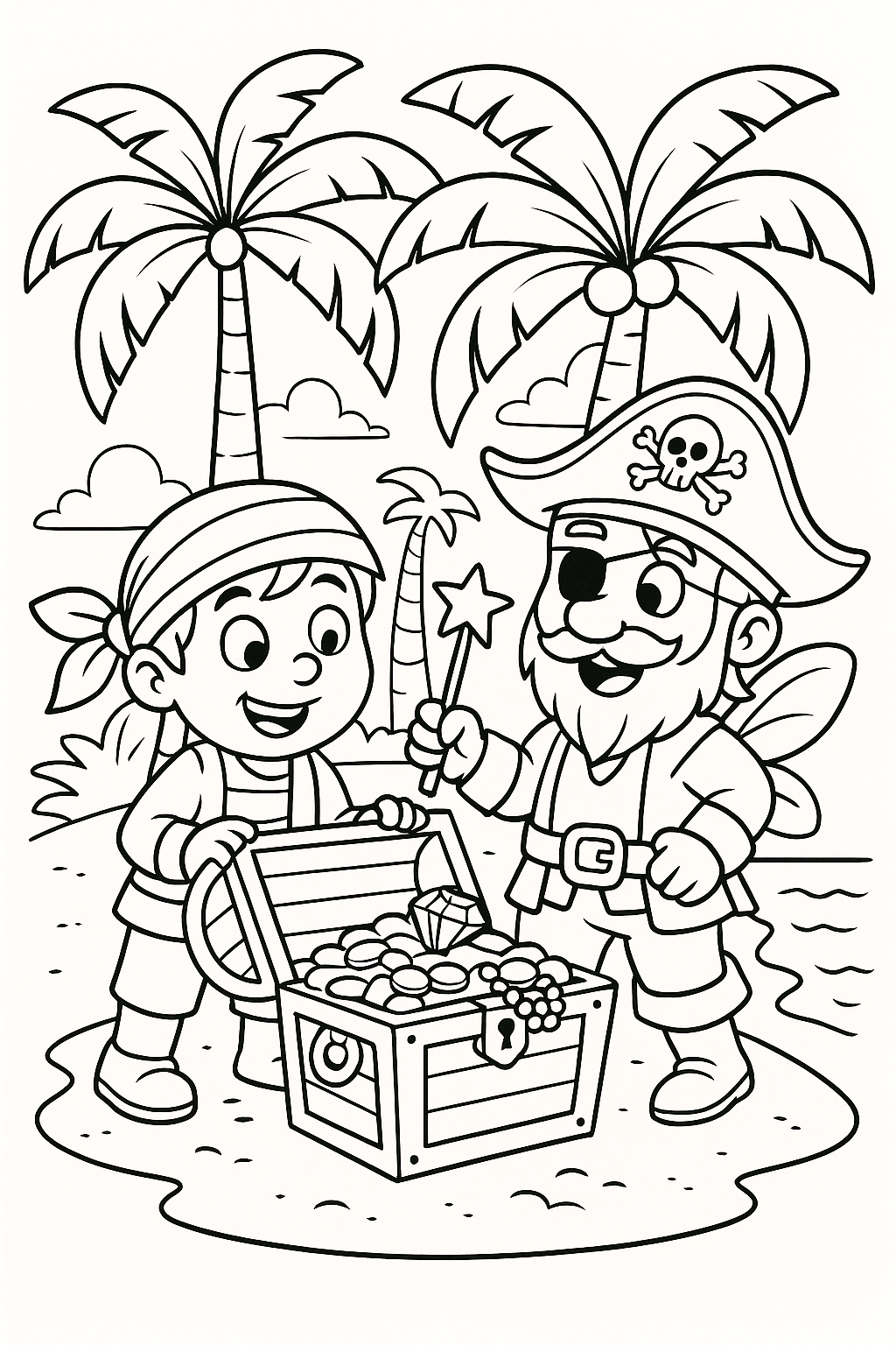 Two cartoon pirates finding treasure on a sandy isle.