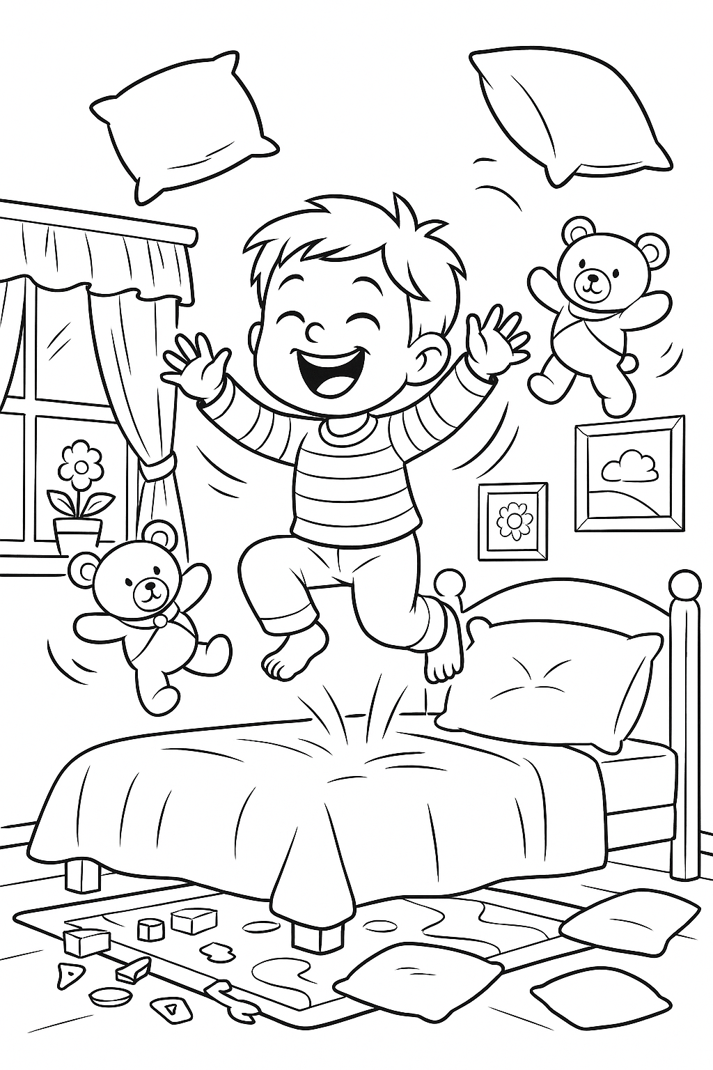 Child jumping on bed with teddy bears coloring page