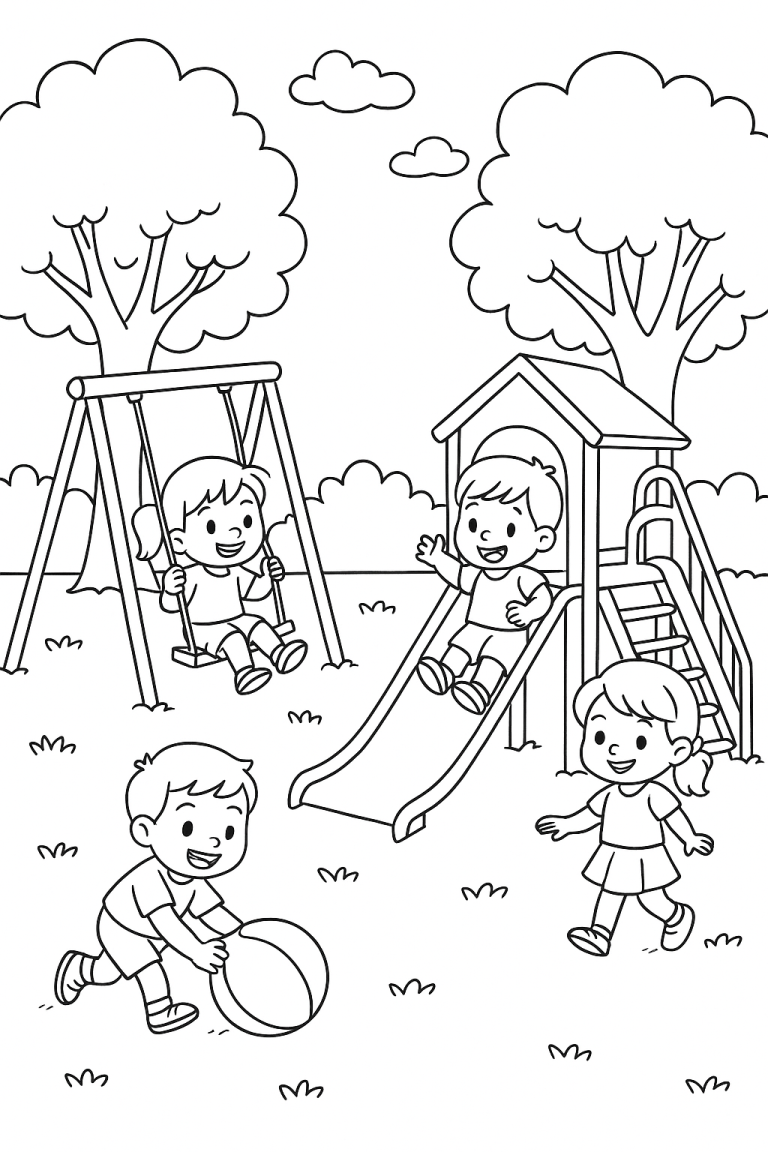 Children playing at a playground with swings and slides.