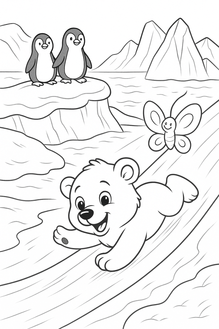 Polar bear sliding with penguins and butterfly