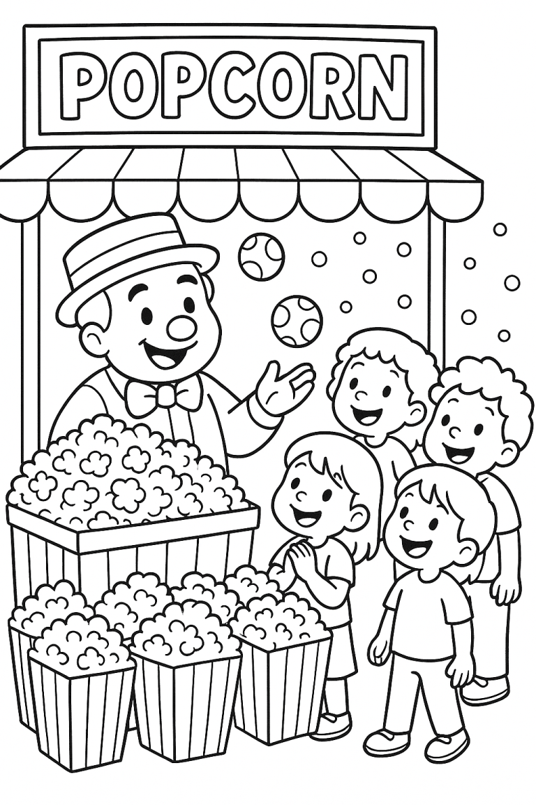 Coloring page of a popcorn stand with a vendor and children.