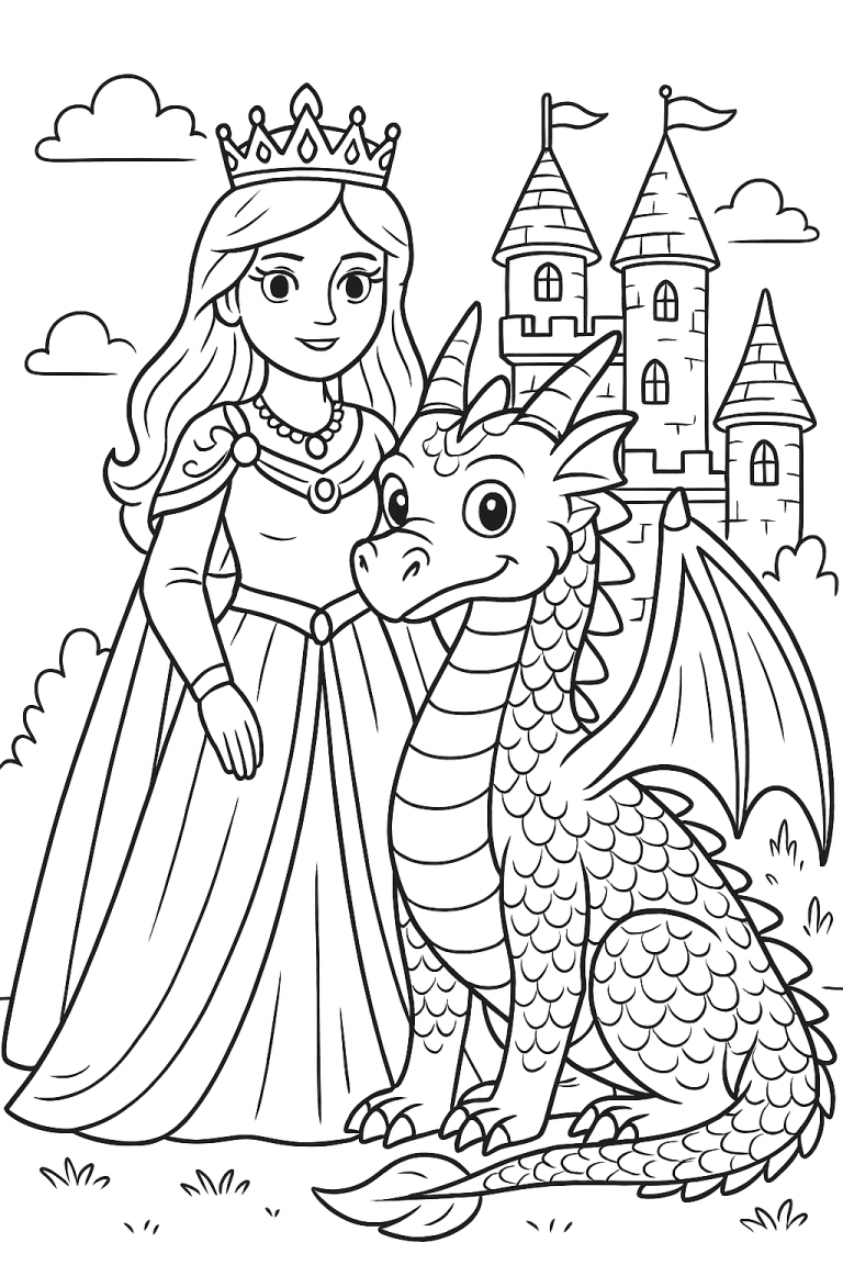 Princess and dragon with a castle coloring page